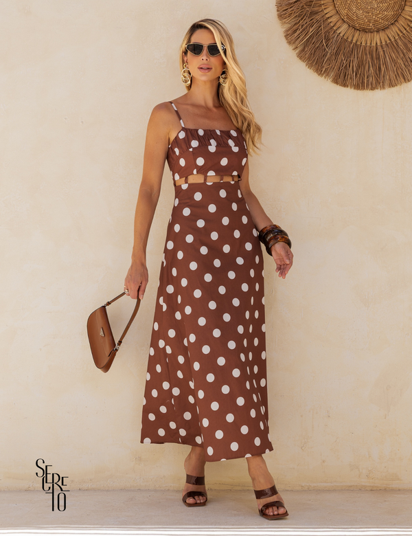 Vestido Midi Poá Carla Marrom