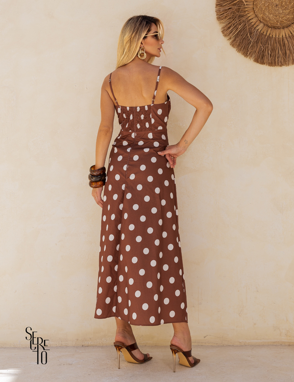 Vestido Midi Poá Carla Marrom