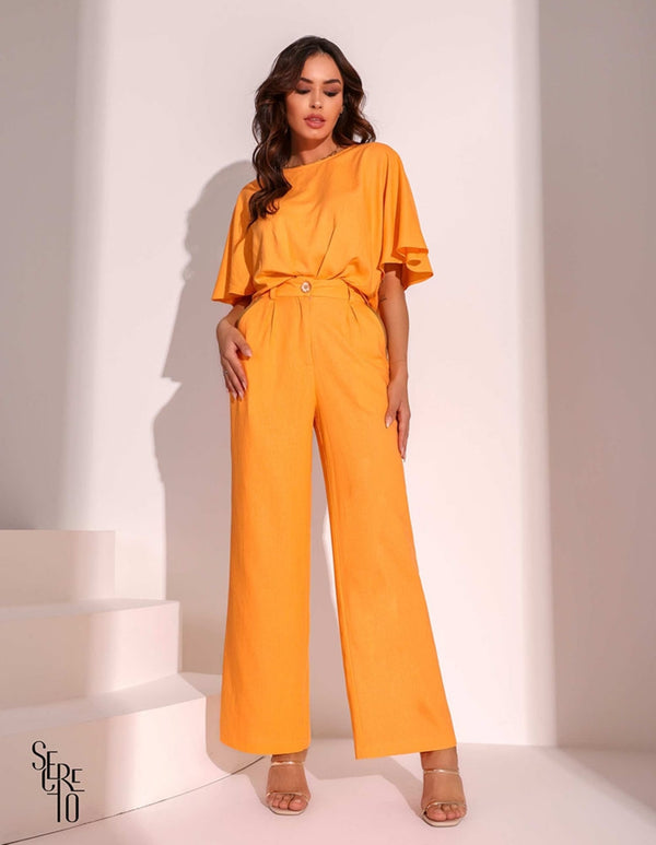 Calça Wide Leg Linho Tangerina