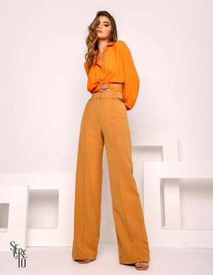 Calça Pantalona Vazado Lateral Camel