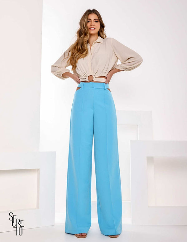 Calça Pantalona Vazado Lateral Azul Claro