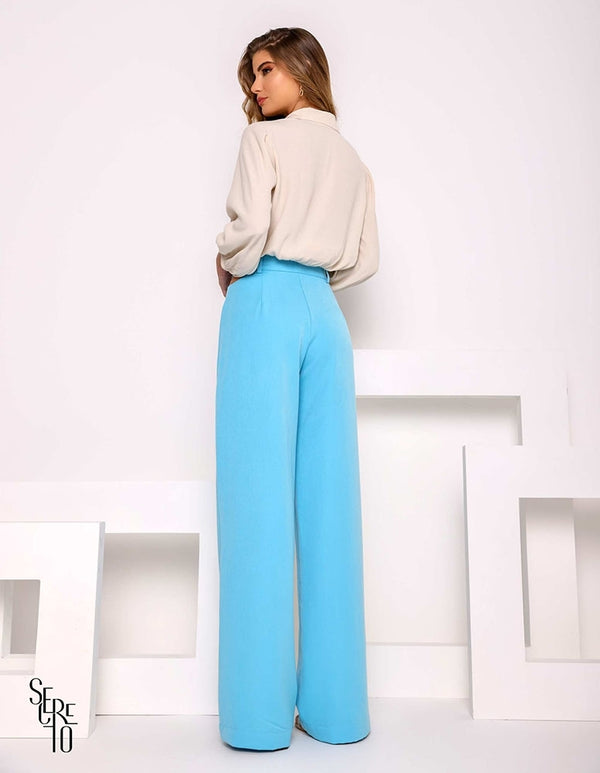 Calça Pantalona Vazado Lateral Azul Claro