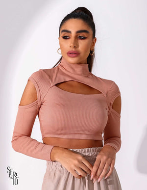 Cropped Canelado Gola Alta Rosê Nude