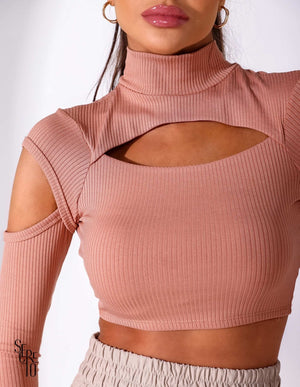 Cropped Canelado Gola Alta Rosê Nude