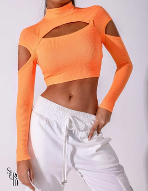 Cropped Canelado Gola Alta Laranja