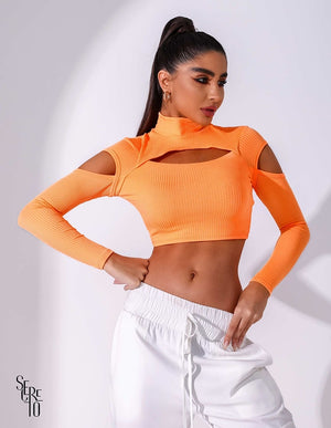 Cropped Canelado Gola Alta Laranja