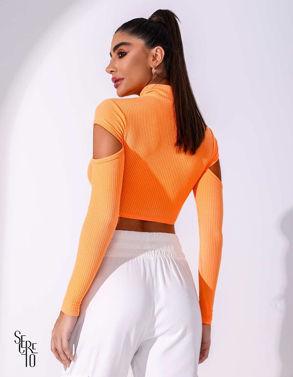 Cropped Canelado Gola Alta Laranja