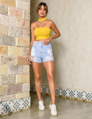 Cropped Choker Canelado Amarelo