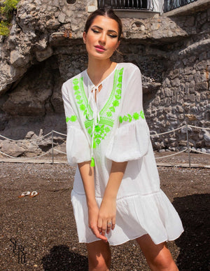 Vestido Bata Federica Bordado Verde Neon