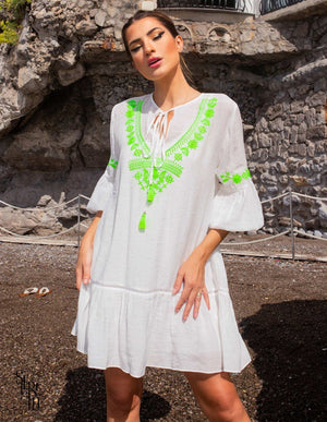 Vestido Bata Federica Bordado Verde Neon