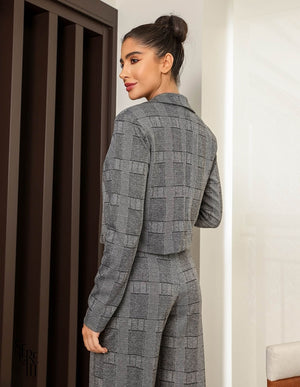 Blazer Cropped Bia Xadrez Cinza Escuro