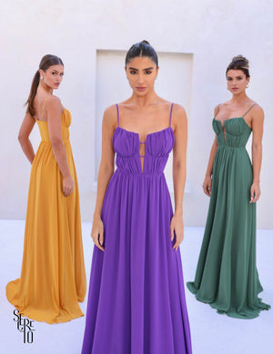 Vestido Longo Joice Busto Franzido Mostarda