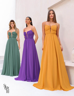 Vestido Longo Joice Busto Franzido Mostarda