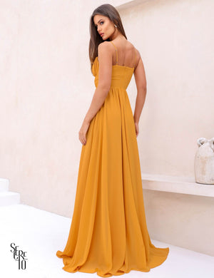 Vestido Longo Joice Busto Franzido Mostarda