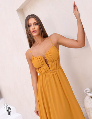 Vestido Longo Joice Busto Franzido Mostarda