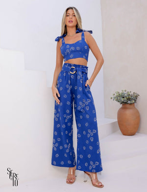 Conjunto Bordado Linho Helena Azul