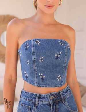 Cropped T.Q.C Flowers Jeans Escuro