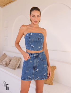 Cropped T.Q.C Flowers Jeans Escuro