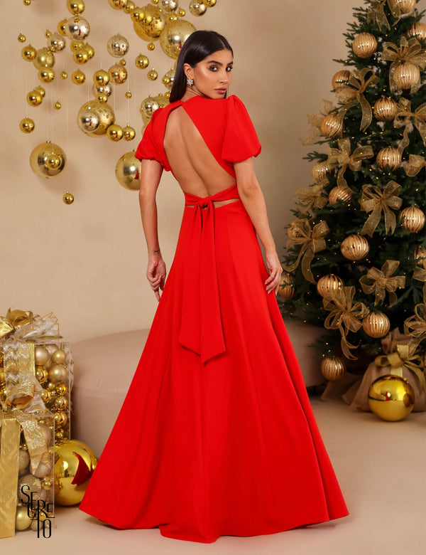 Vestido Longo Mangas Bufante Isa Vermelho