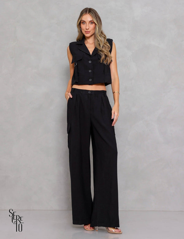Conjunto Cropped e Calça Lila Preto
