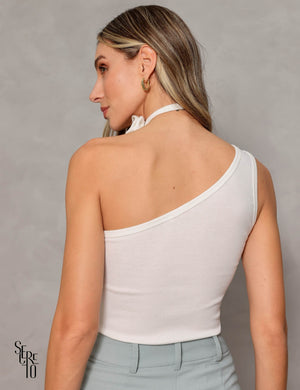 Regata Um Ombro Canelado com Choker Flor Off