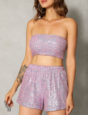 Conjunto Top e Short Paetê Sereia Rosa