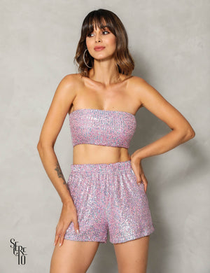 Conjunto Top e Short Paetê Sereia Rosa