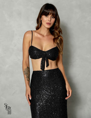 Conjunto Saia Longa e Cropped Paetê Claire Preto