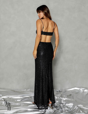 Conjunto Saia Longa e Cropped Paetê Claire Preto