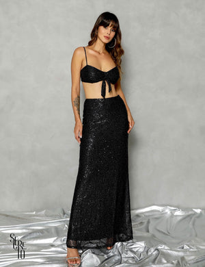 Conjunto Saia Longa e Cropped Paetê Claire Preto
