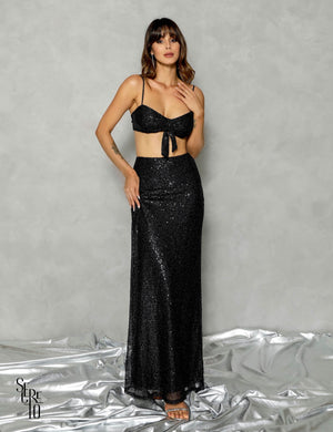 Conjunto Saia Longa e Cropped Paetê Claire Preto