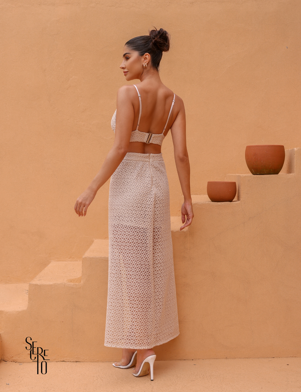 Conjunto Saia Blusa e Top Alice Bege