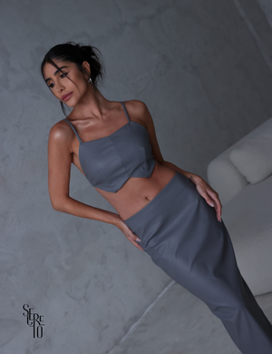 Conjunto Top e Saia Zaira Couro Cinza