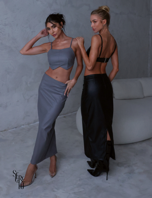 Conjunto Top e Saia Zaira Couro Cinza