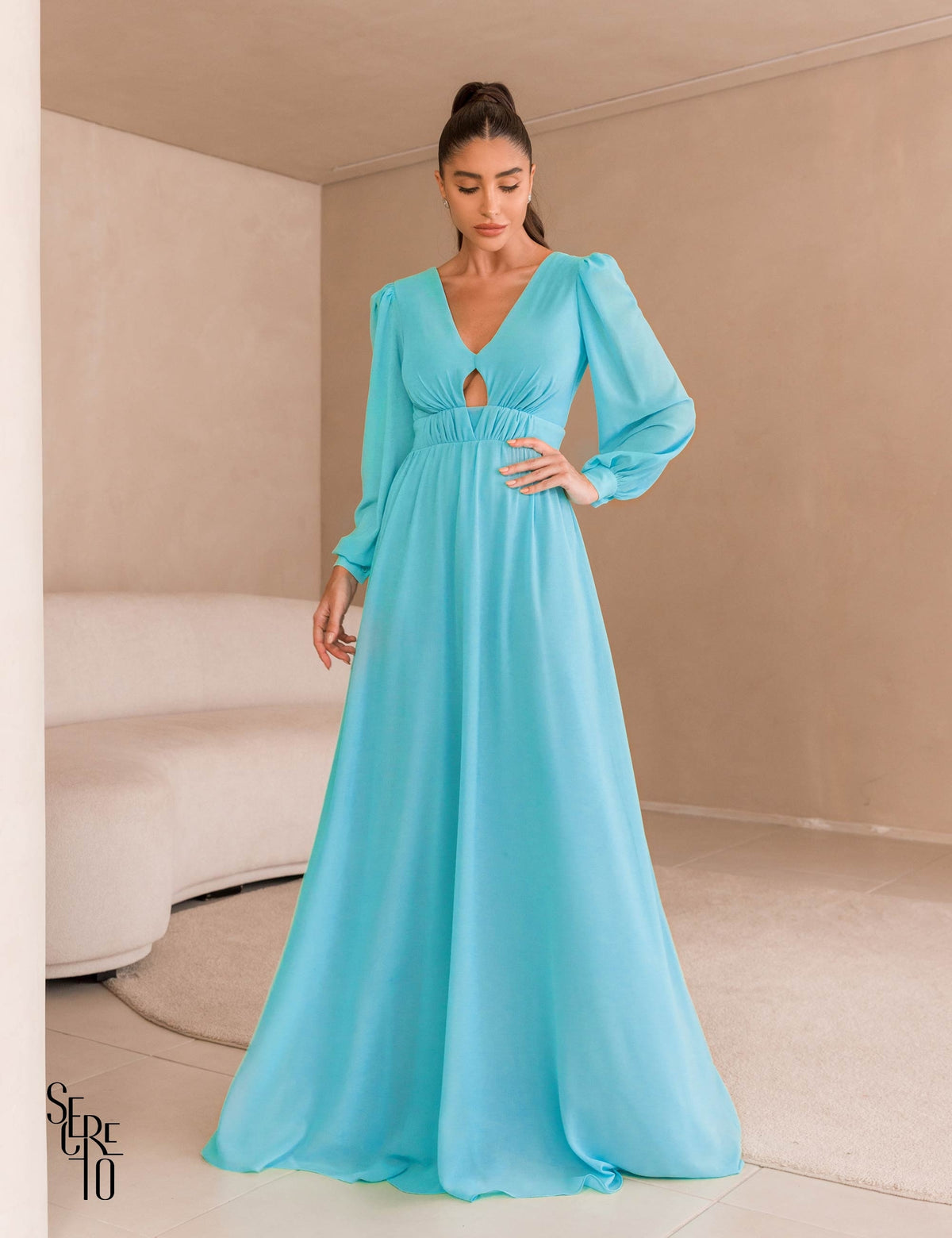 Vestido Longo Manga Longa Diya Azul Claro