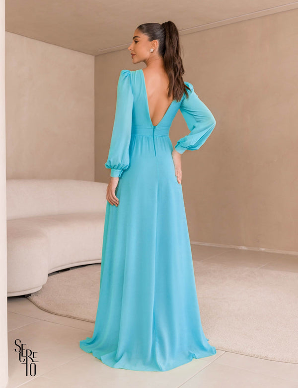 Vestido Longo Manga Longa Diya Azul Claro