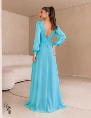Vestido Longo Manga Longa Diya Azul Claro