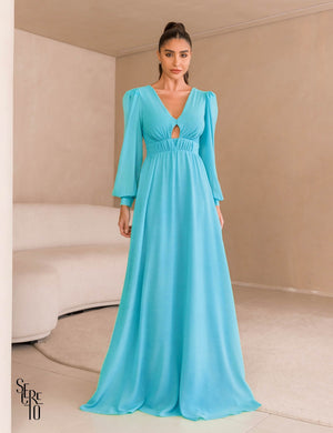 Vestido Longo Manga Longa Diya Azul Claro