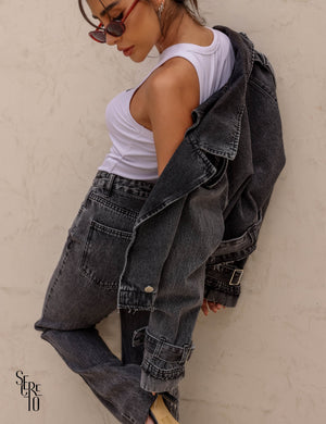 Jaqueta Jeans Destroyed Flore Preto