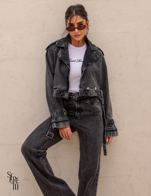 Jaqueta Jeans Destroyed Flore Preto