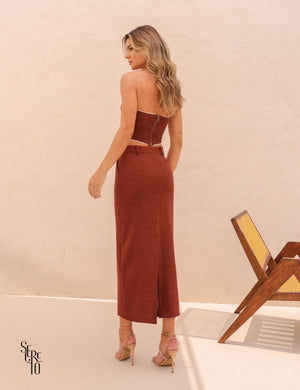 Conjunto Cropped e Saia Vivi Marrom