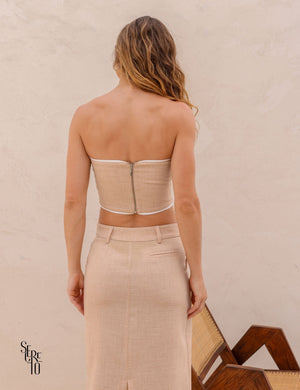 Conjunto Cropped e Saia Vivi Areia