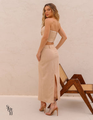 Conjunto Cropped e Saia Vivi Areia