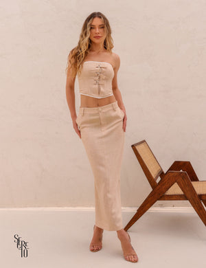 Conjunto Cropped e Saia Vivi Areia