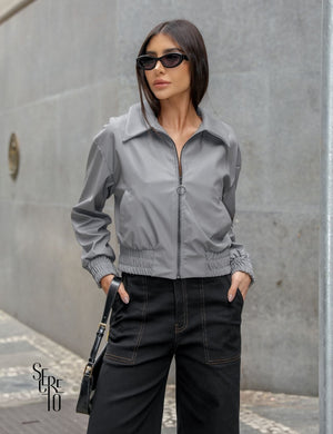 Jaqueta Bomber Couro Gina Cinza