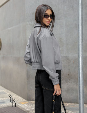 Jaqueta Bomber Couro Gina Cinza