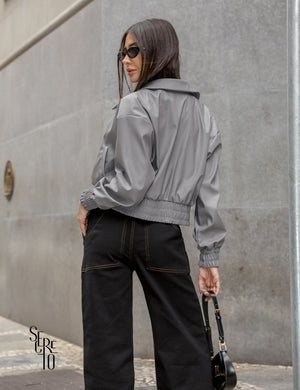 Jaqueta Bomber Couro Gina Cinza