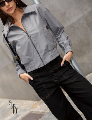 Jaqueta Bomber Couro Gina Cinza