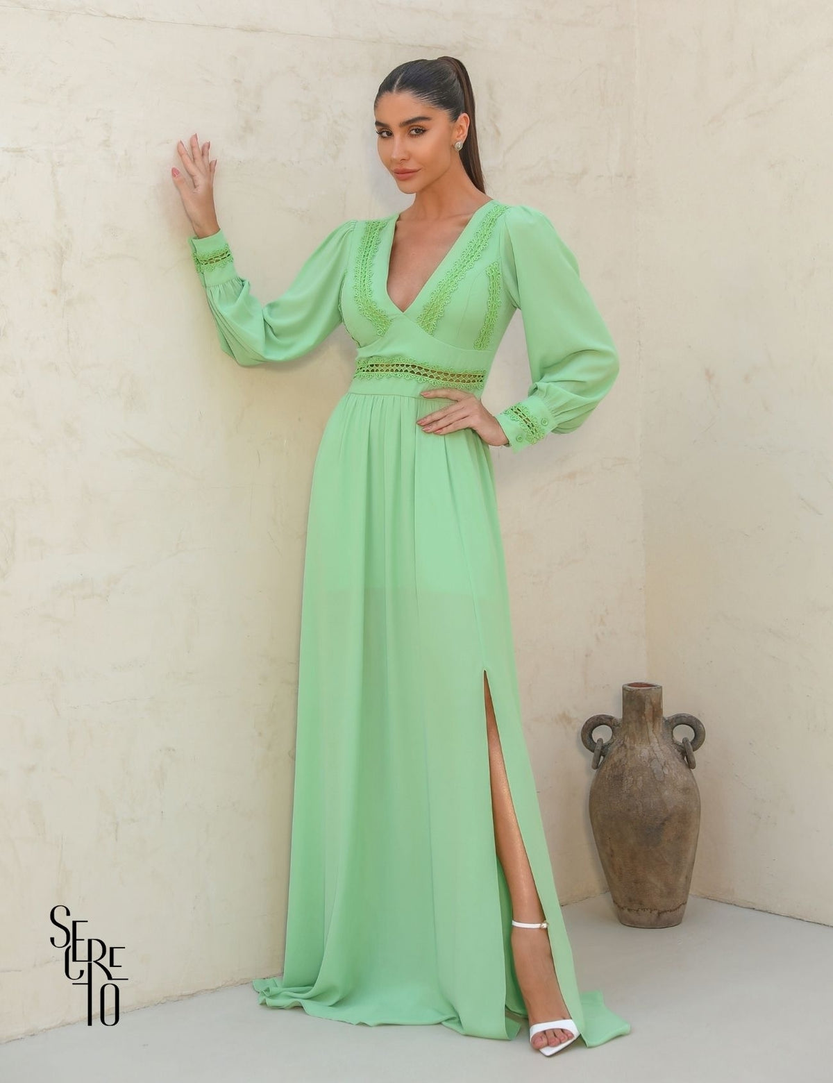 Vestido Longo Renda Polly Verde Menta