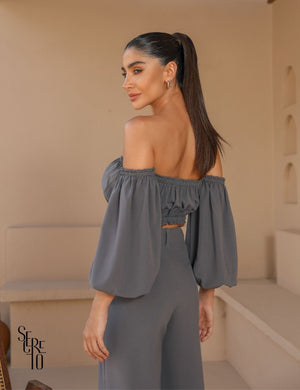 Conjunto Cropped e Pantacourt Mia Cinza